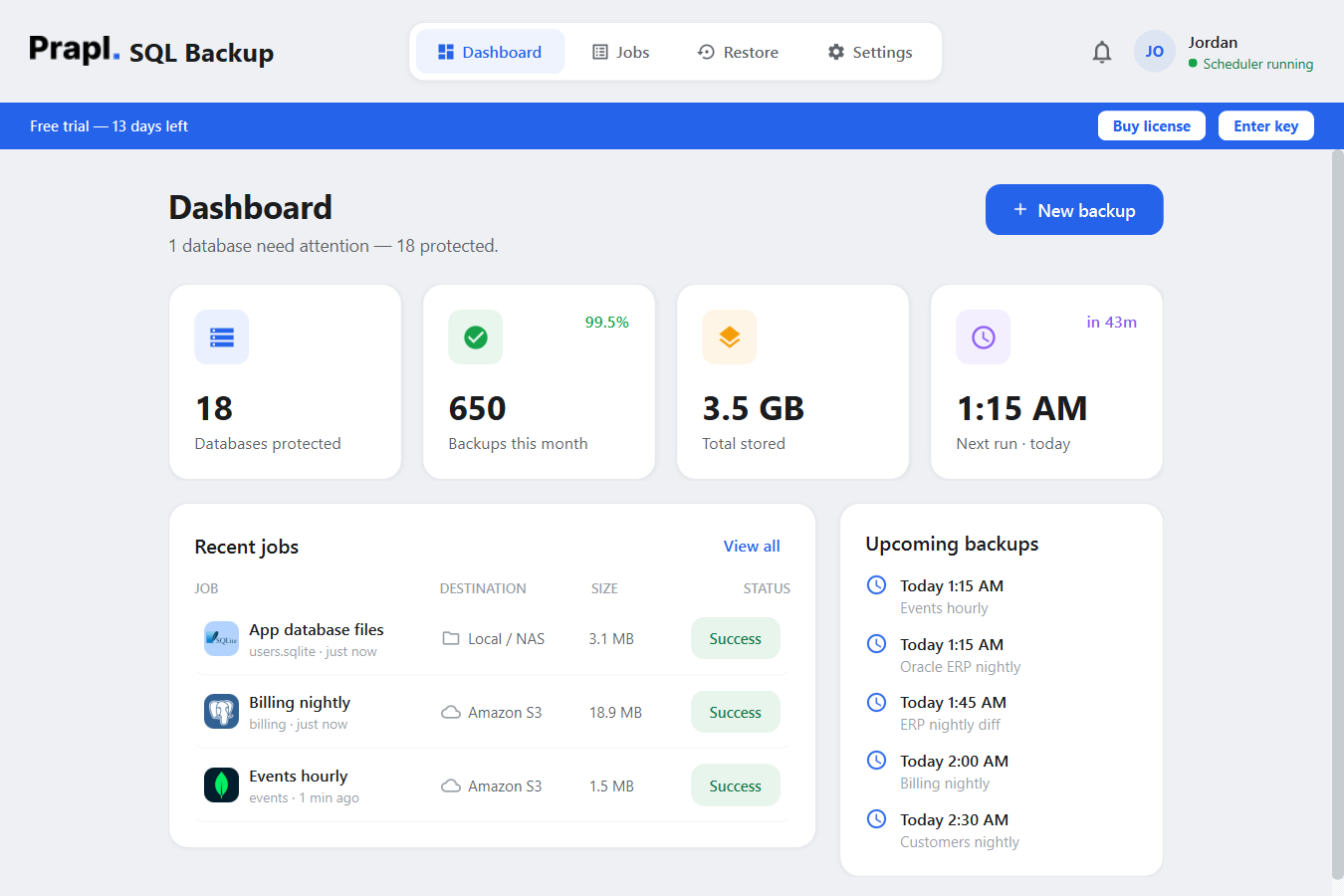 The Dashboard during the free trial, with the blue strip showing how many trial days are left and the Buy license and Enter key buttons