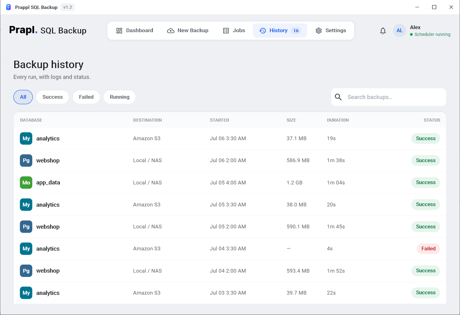 History screen showing a list of backup runs with size, duration, and success or failed status, plus filters and search