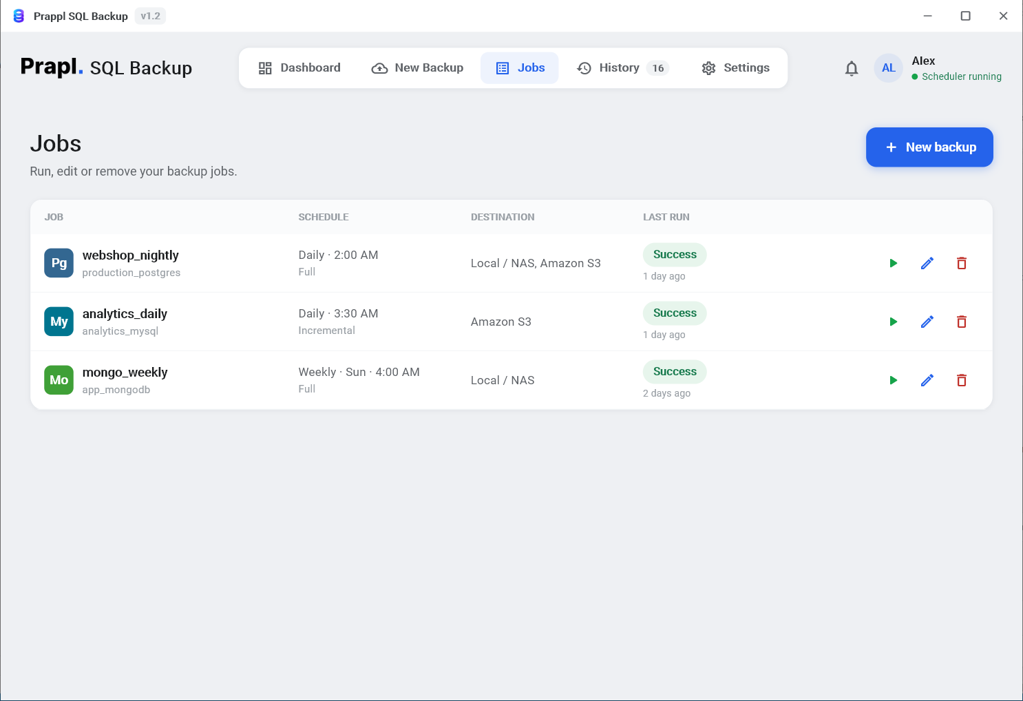 Jobs screen listing backup jobs with schedule, destination, last run status and run, edit, delete buttons