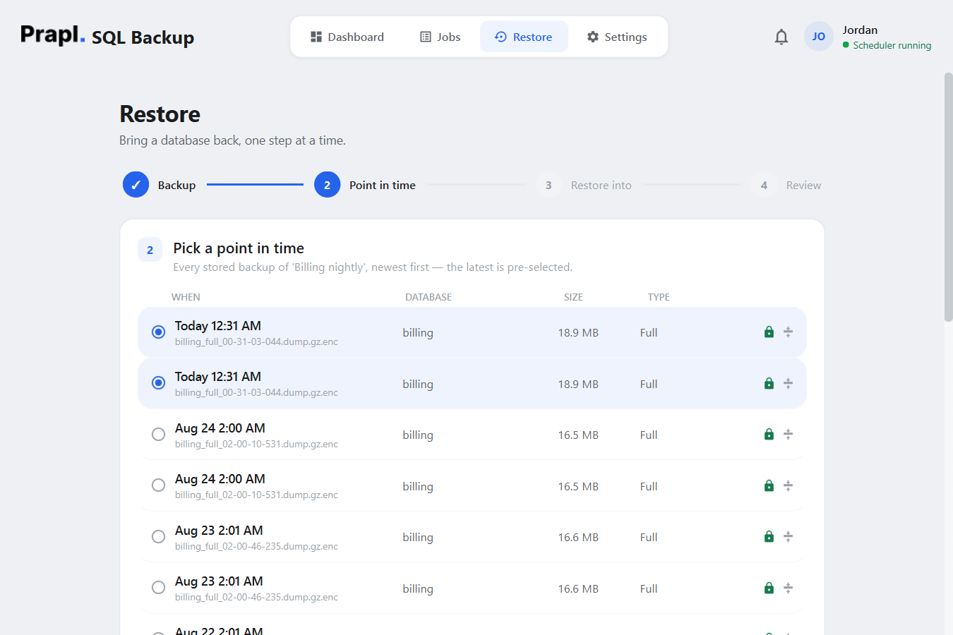 Restore step 2: list of every stored backup for the job, newest first, with date, database, size and type; the latest is pre-selected