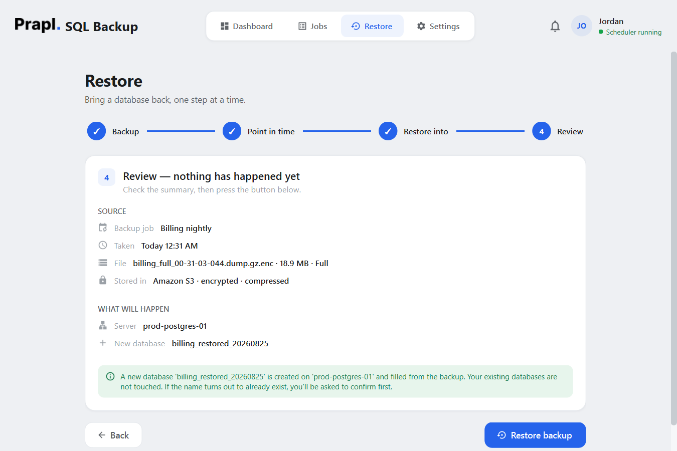 Restore step 4: a review page summarising the source backup and what will happen, with the Restore backup button