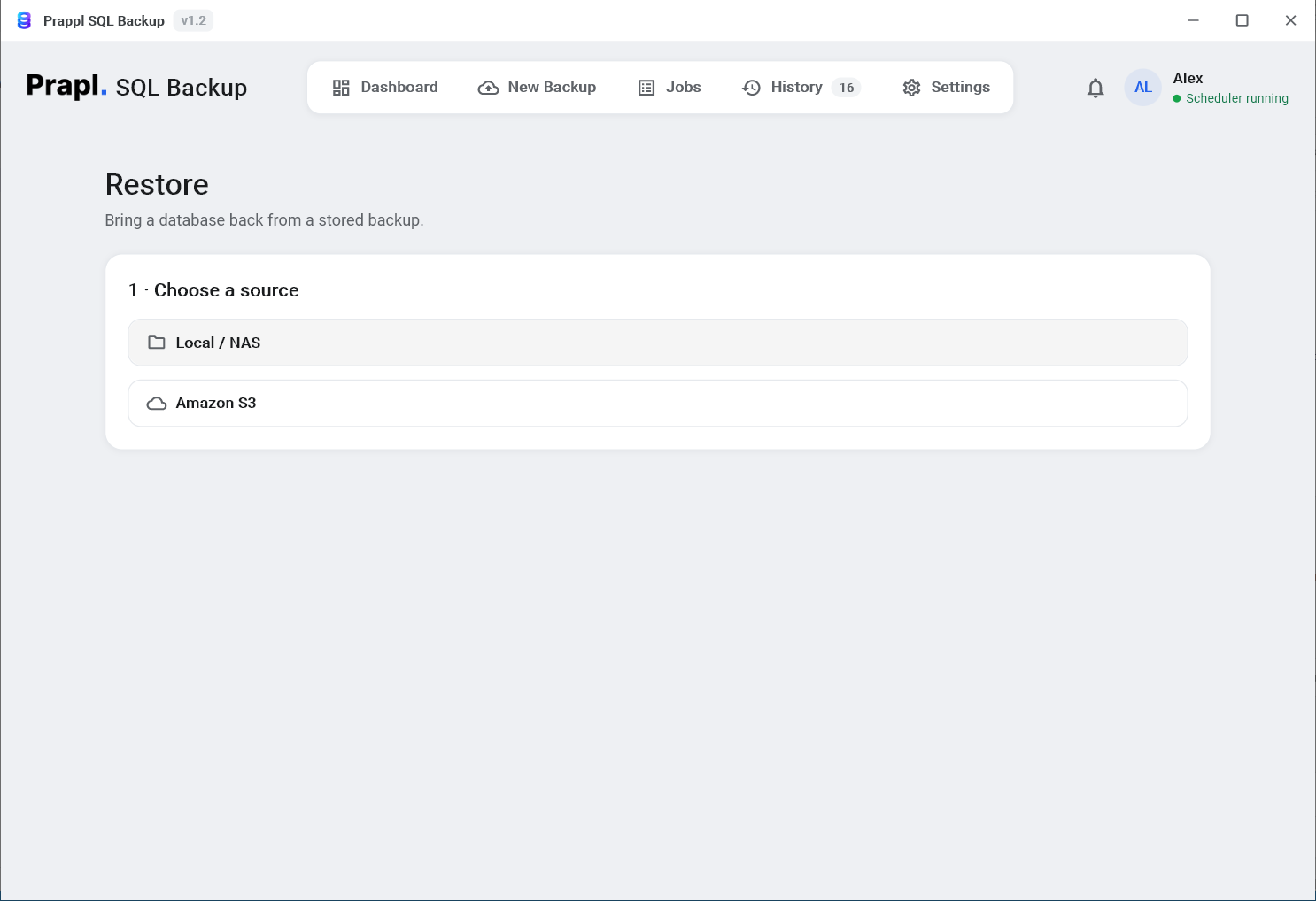 Restore screen: choosing the source location that holds the backup to restore