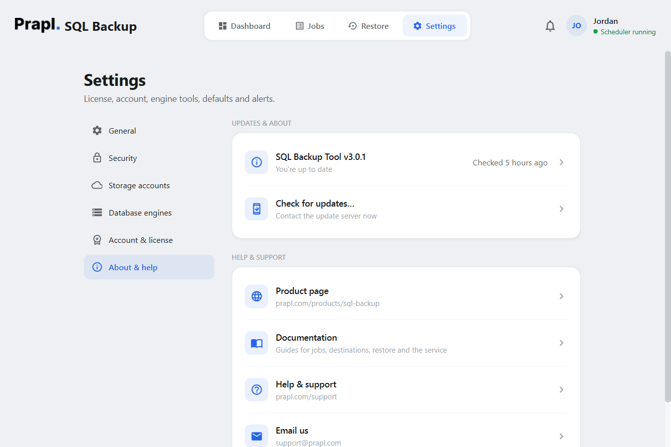 Settings › About and help: app version with update status, check for updates, and links to the product page, documentation, support and email