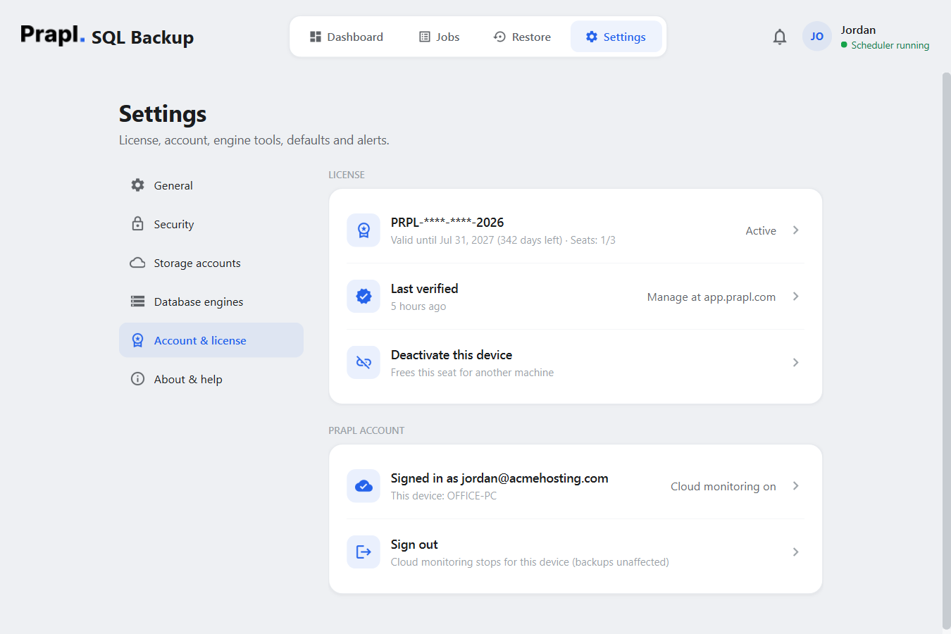 Settings › Account and license: licence key (masked), valid-until date, seats used, last verified, the Deactivate this device link, and the cloud monitoring sign-in