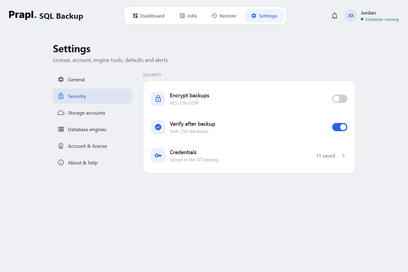 Settings › Security: encrypt backups (AES-256), verify after backup (SHA-256 checksum) and the number of credentials stored in the Windows keyring