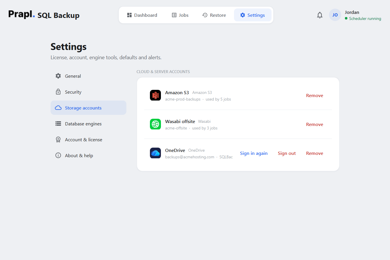 Settings › Storage accounts: the saved OneDrive, cloud bucket and SFTP/FTP destinations, each with sign-in status, how many jobs use it, and sign in, sign out and remove buttons