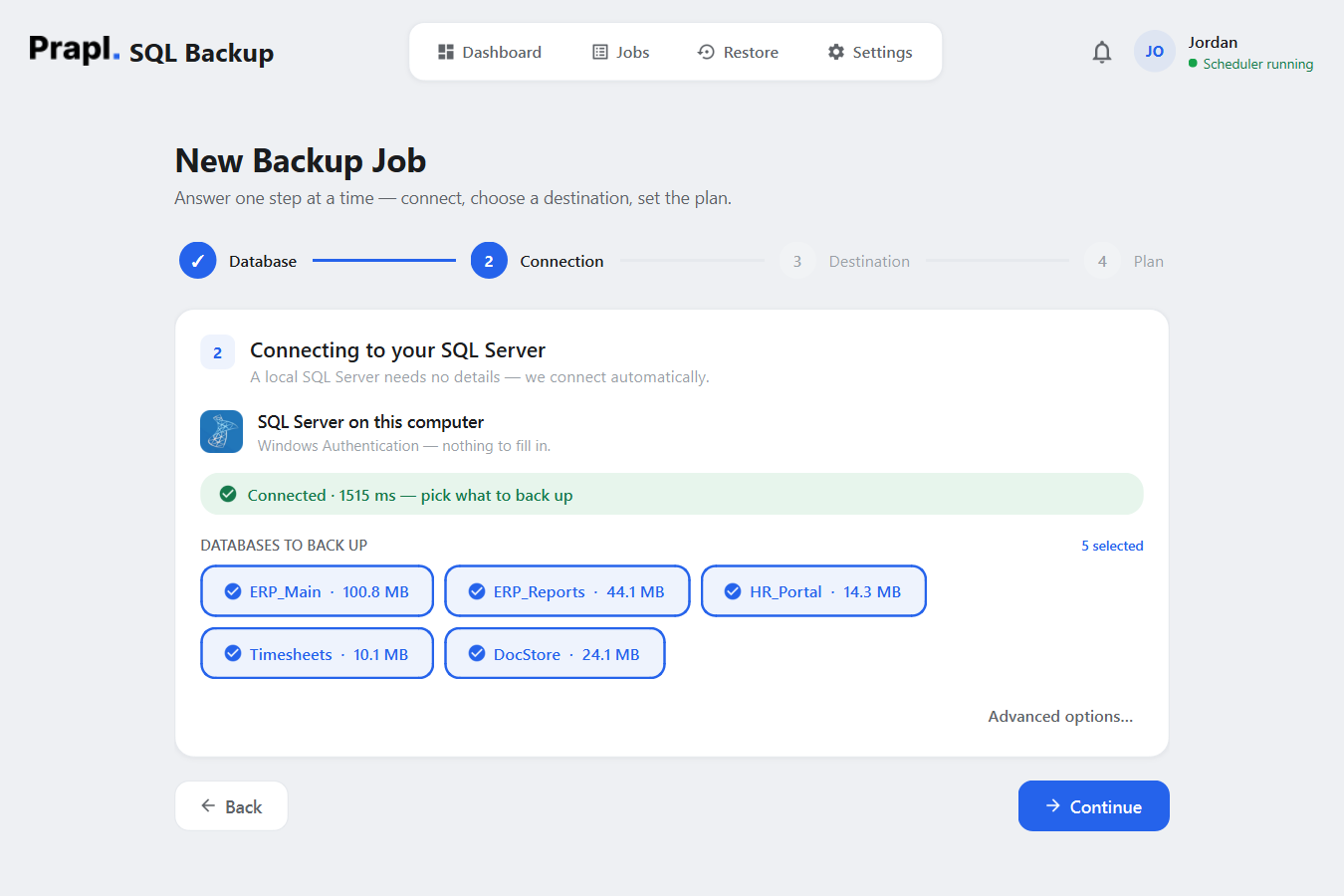 Step 2 for SQL Server: the app connects automatically with Windows Authentication and shows the databases without asking for any details