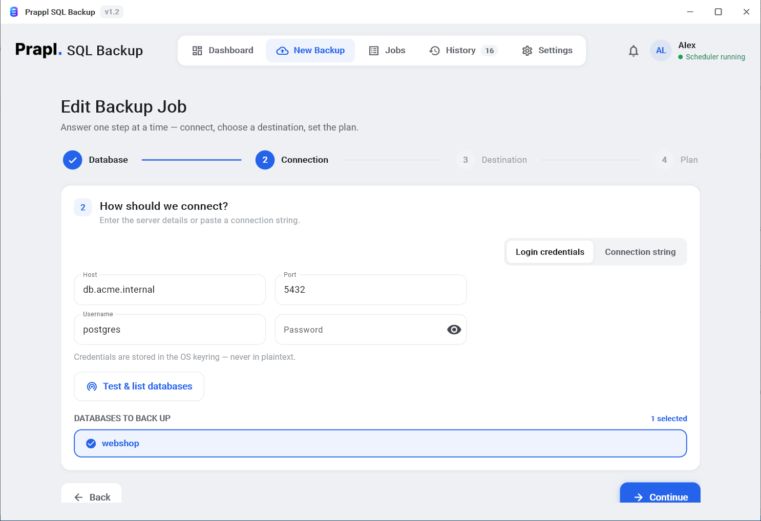Step 2 of the backup wizard: server address, username, password and the Test and list databases button