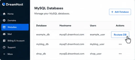 Click the Restore DB button