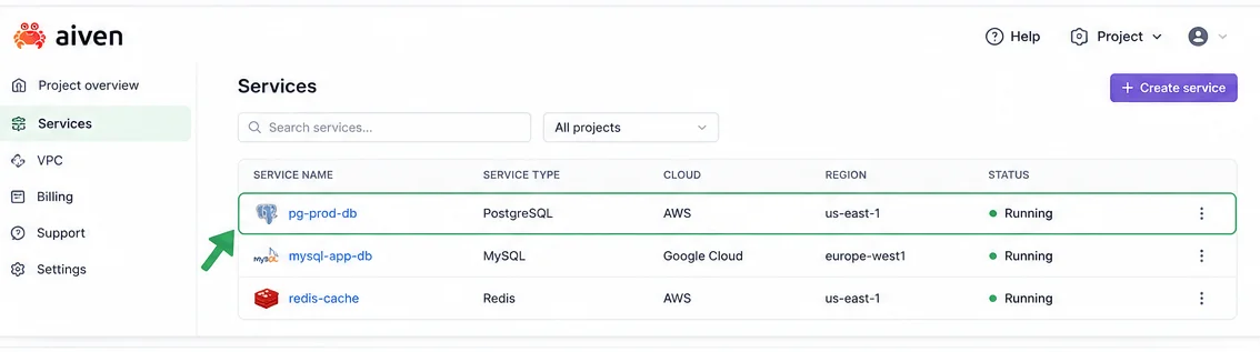 Open your database service