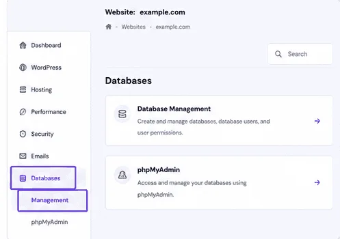 After that, open Databases > Management.
