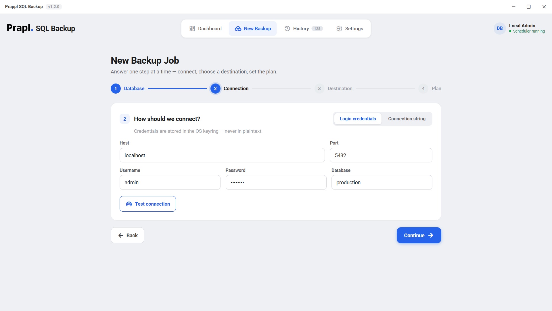 Step 2 — entering host, port, username, password and database, with a Test connection button