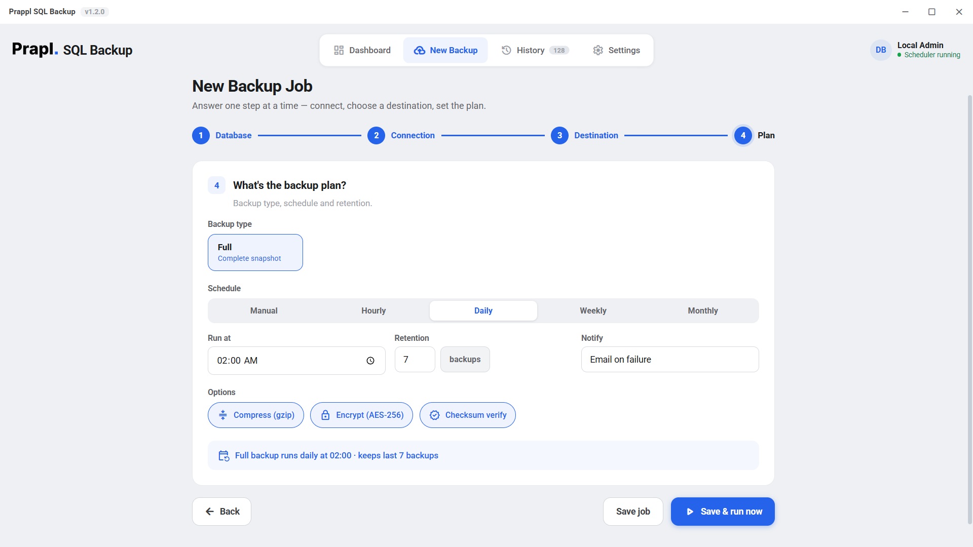 Step 4 — setting backup type, schedule, retention and toggling compress, encrypt and checksum verify