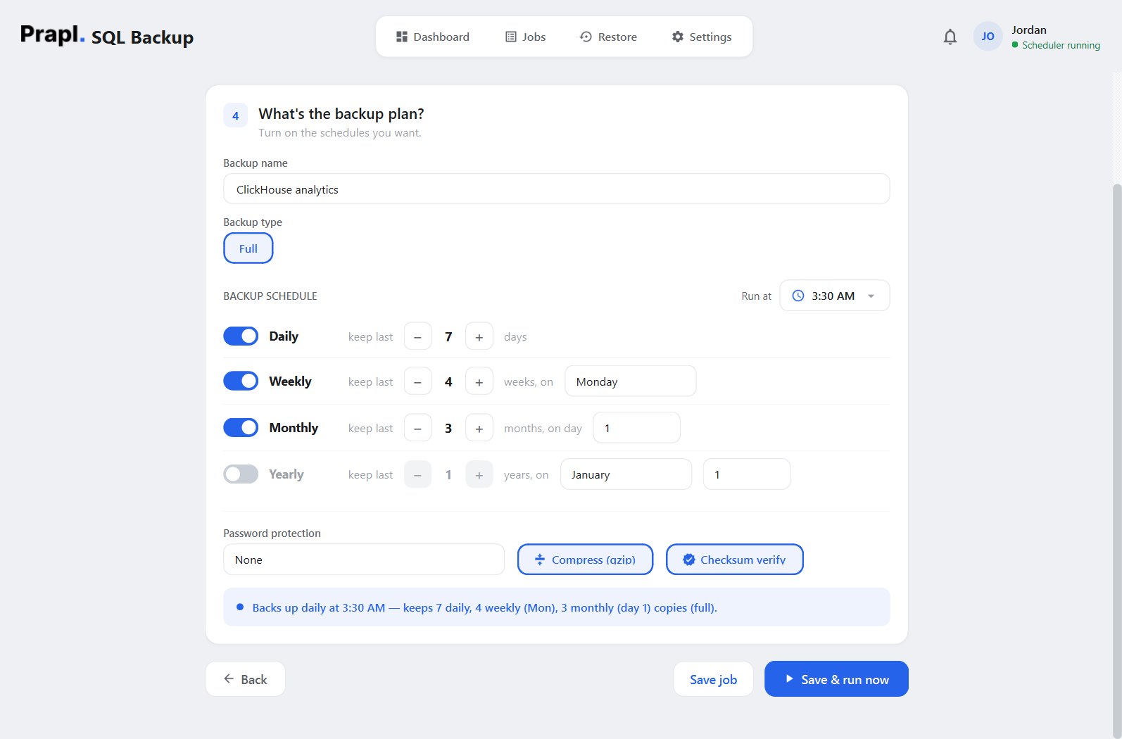 set clickhouse backup schedule, retention and encryption