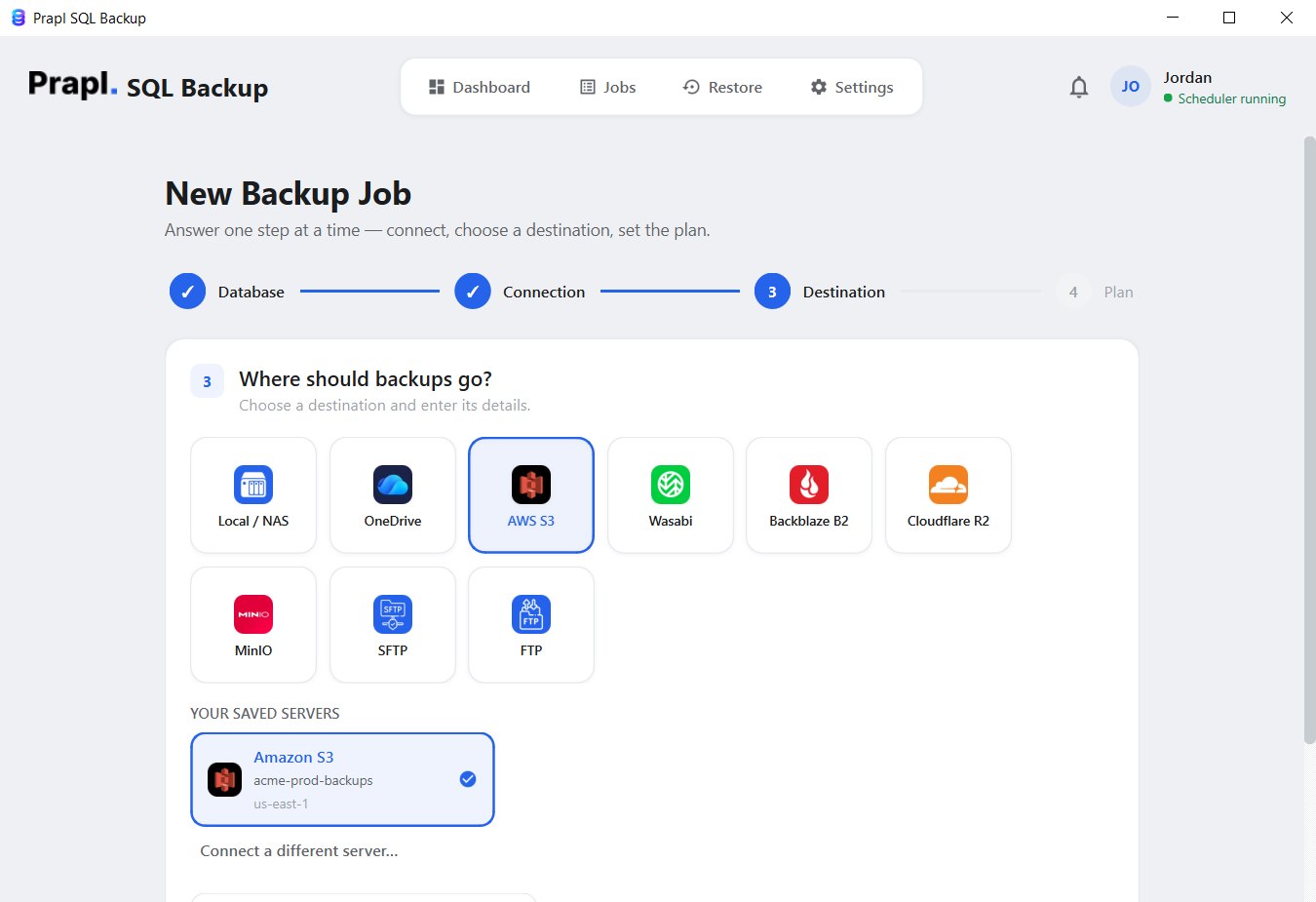 select the destination to store oracle backup