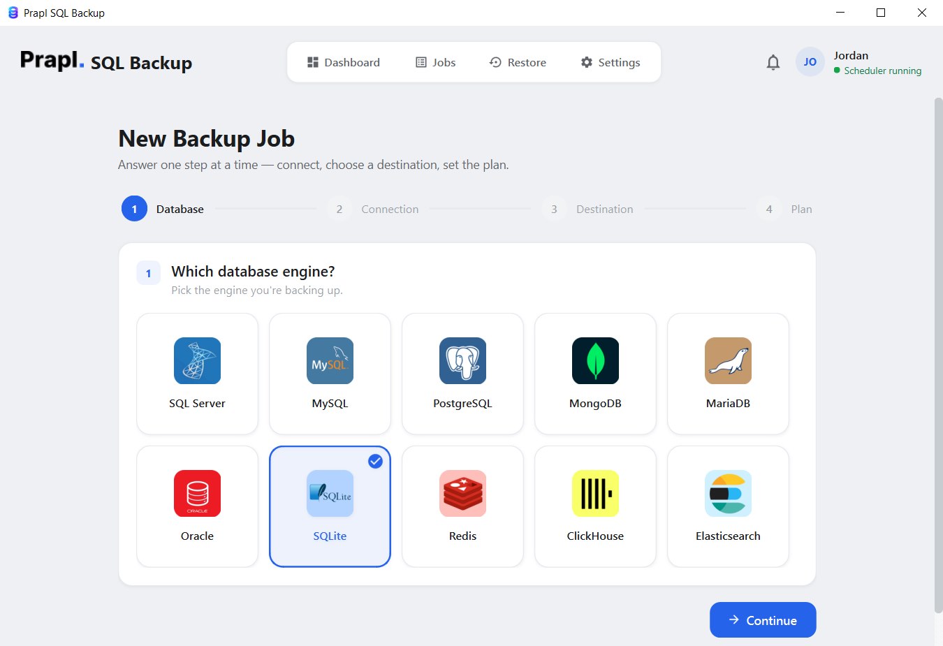 select sqlite in the backup wizard