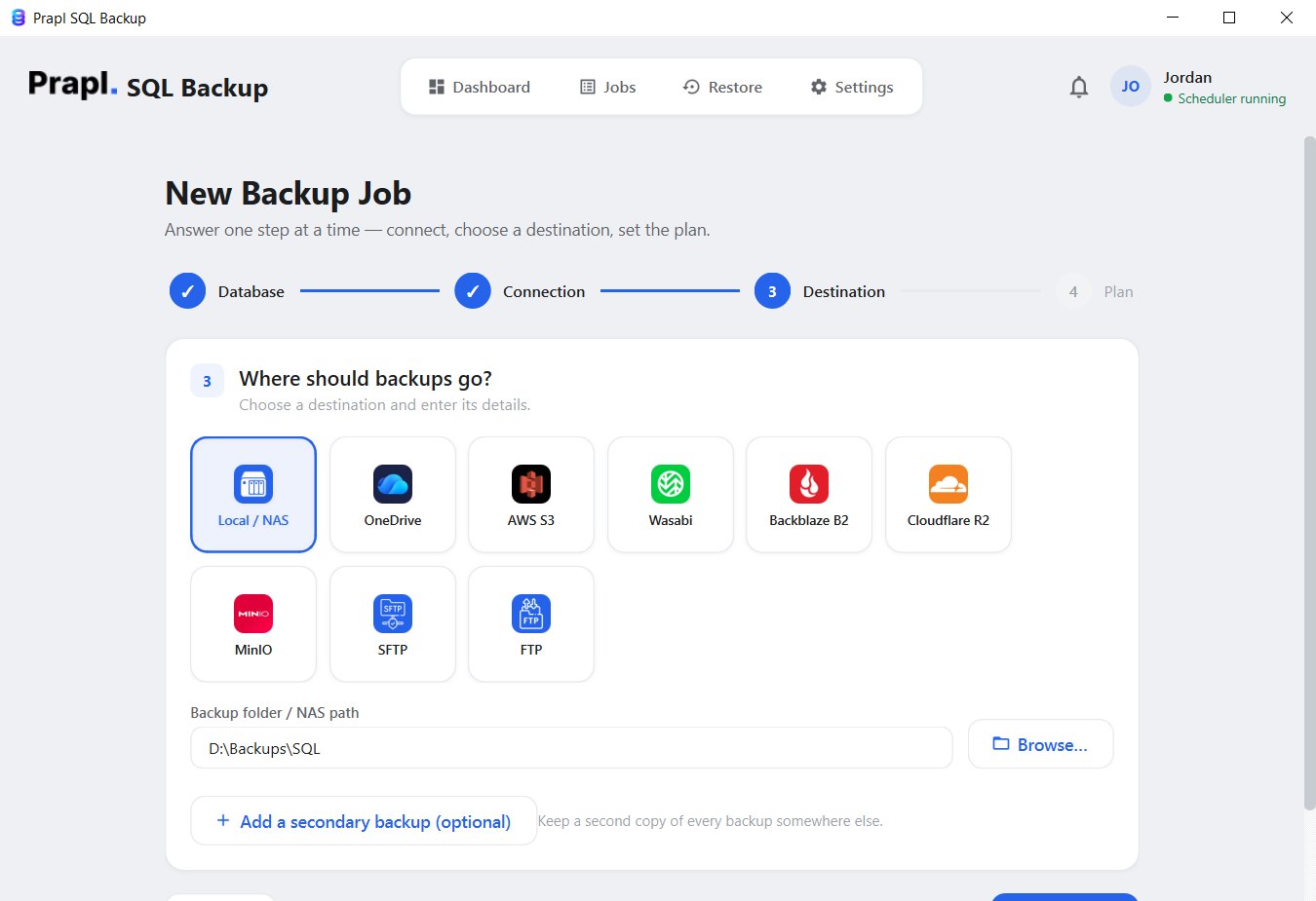 select the destination to store sqlite backup